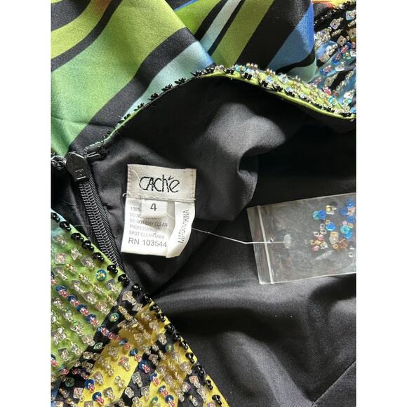 Cache Beaded Sequined Satin Gown Dress women's 4 Y2K Cut Out Peacock Gypsy - Picture 4 of 16